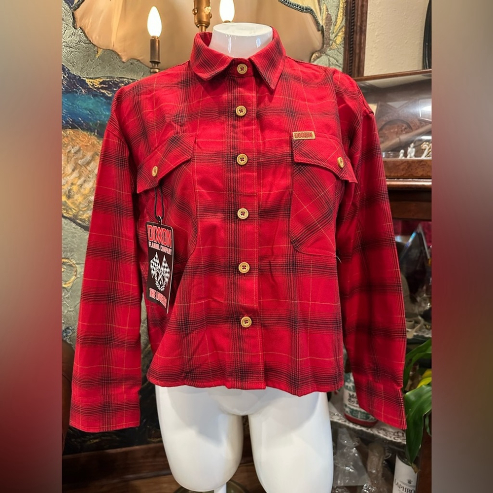 NWT DIXXON Women's Red Plaid FLANNEL BUTTON UP SHIRT ( cropped ) - Picture 1 of 10